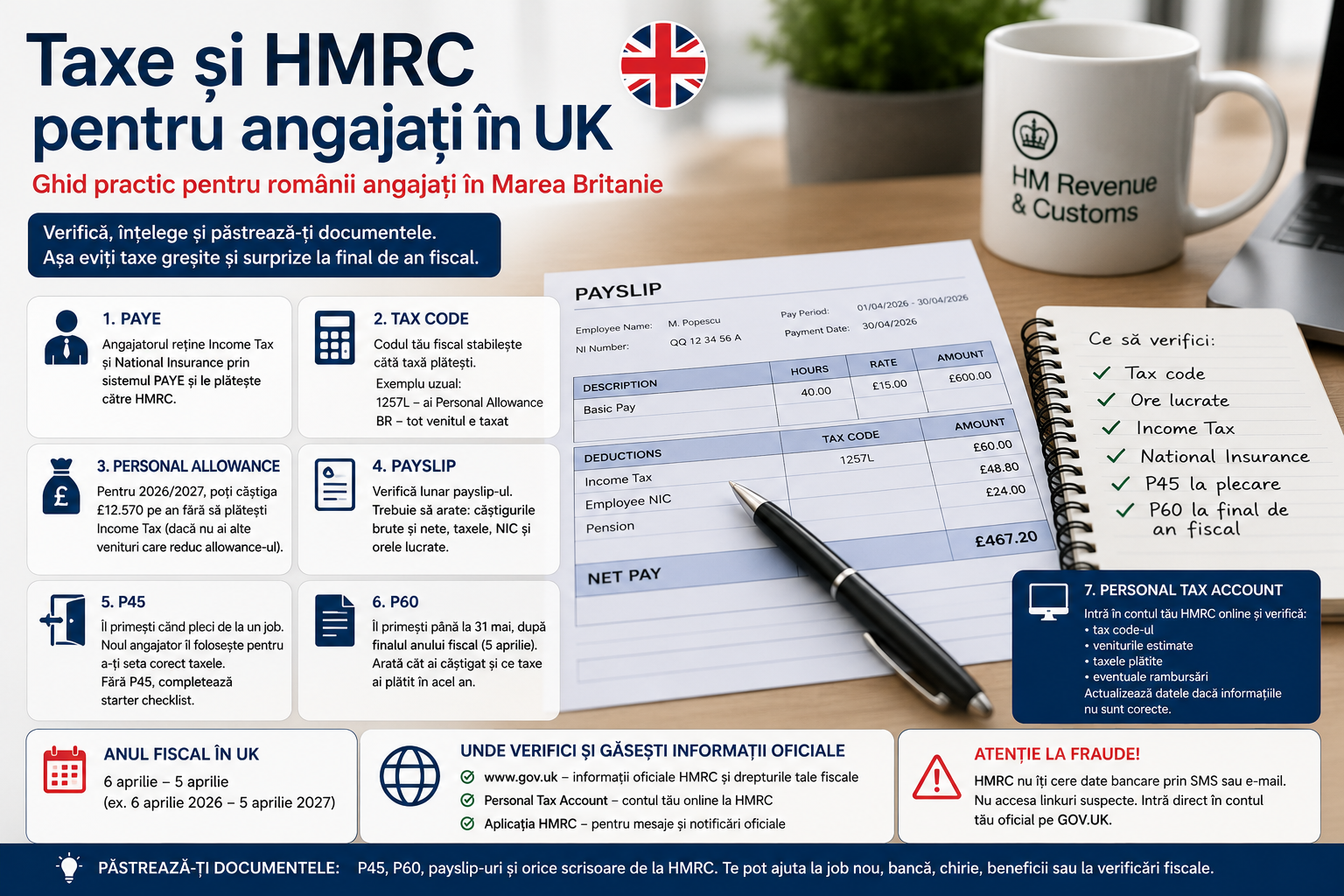 Taxe și HMRC pentru angajați în UK: ce trebuie să verifice românii pe payslip, tax code, P45 și P60