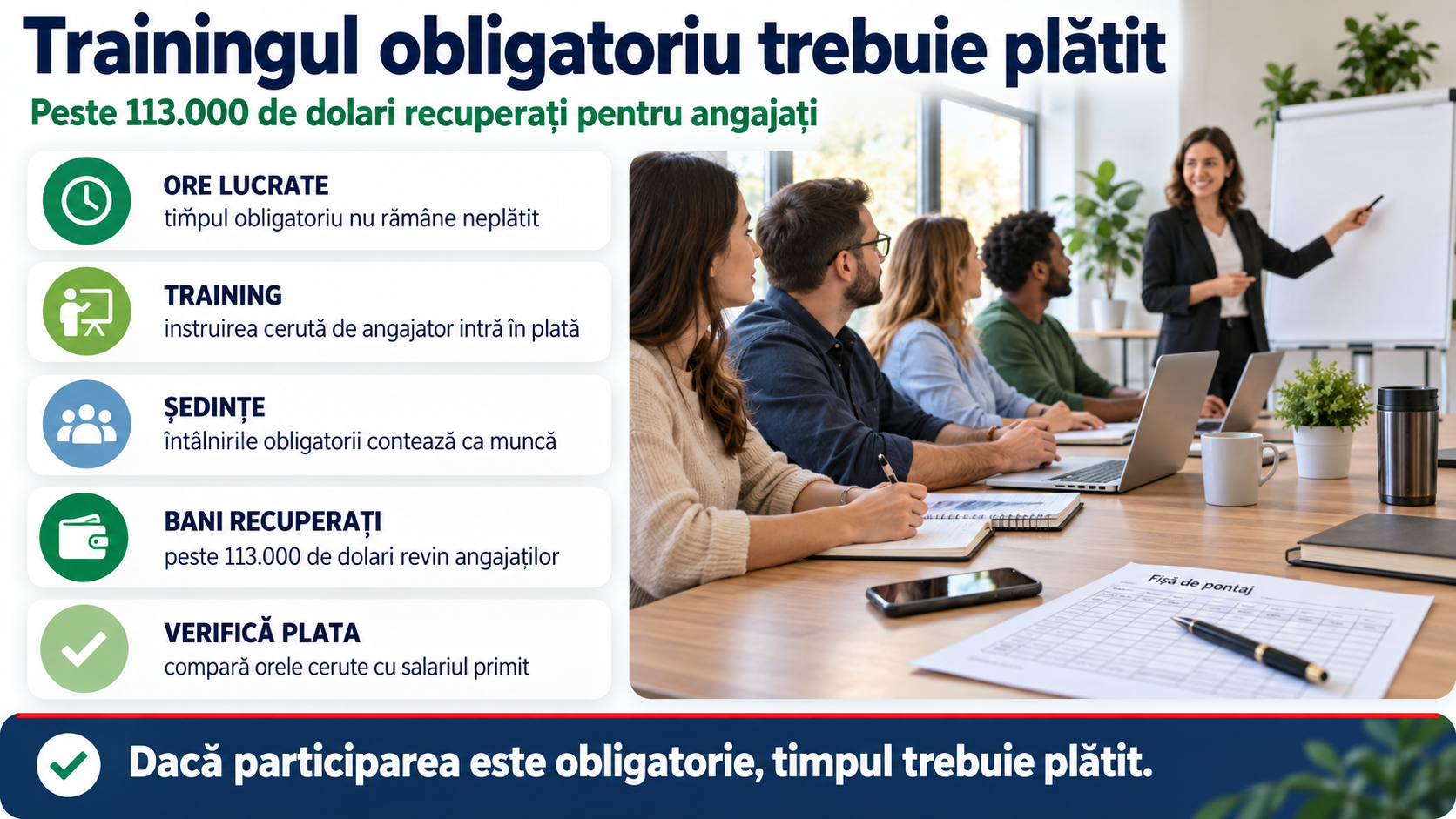 Departamentul Muncii recuperează peste 113.000 de dolari pentru angajați neplătiți la training și ședințe obligatorii